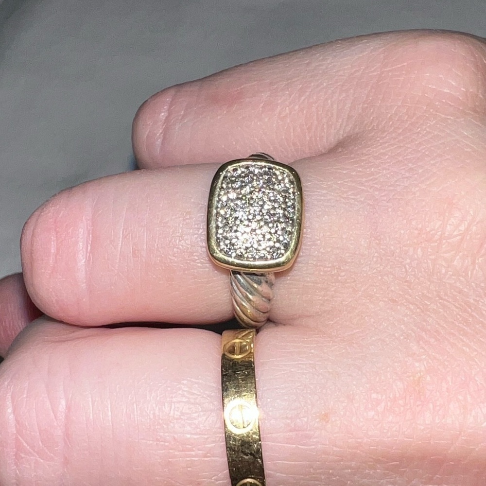 David Yurman Two-Tone Yellow Gold Diamond Cable Noblesse Cocktail Ring Silver - Picture 3 of 13